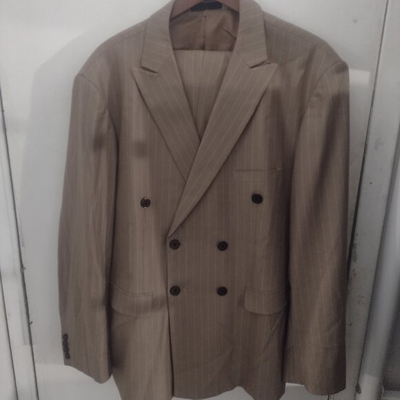 YND Slim Fit Double-Breasted Pinstripe Suit, Khaki 3XL, ALTERED CUFFS & LEGS - Picture 1 of 7
